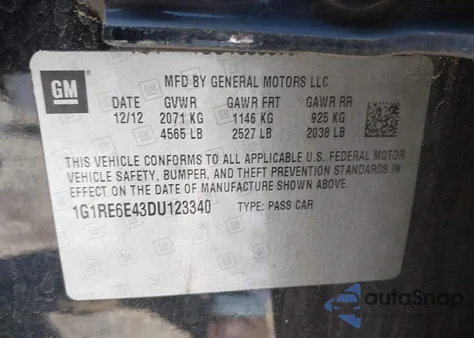 2013 Chevrolet Volt из США, поврежденный, VIN 1G1RE6E43DU123340